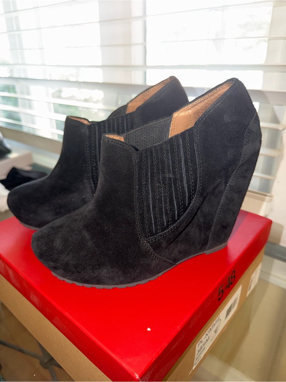 5|48 Black Suede Wedge Ankle Booties Size 8.5